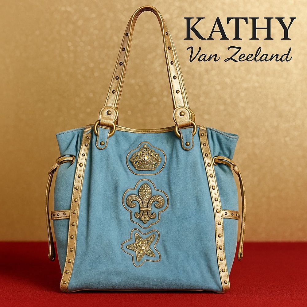 Kathy Van Zeeland Blue Faux Leather Studded Tote with Crown & Fleur de Lis